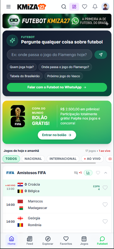 Interface do Kmiza27 em celular, com Futebot e jogos de futebol